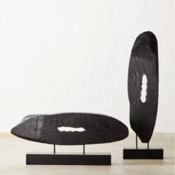 Boho Rustic Black Solid Mango Wood Abstract Horizontal Slice Sculpture Home Decor Accessory 76cm