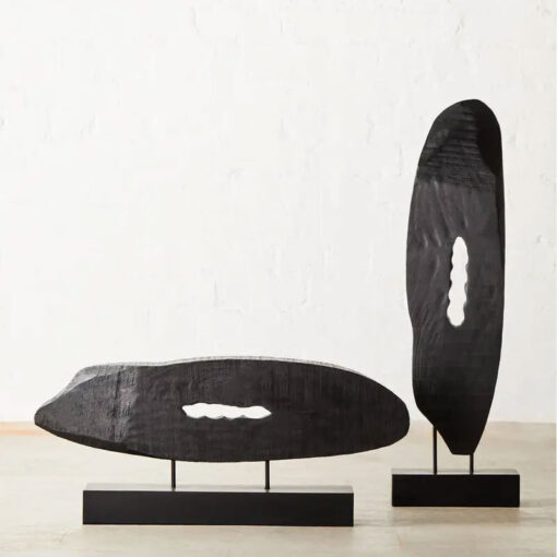 Boho Rustic Black Solid Mango Wood Abstract Horizontal Slice Sculpture Home Decor Accessory 76cm