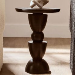Boho Rustic Black Solid Mango Wood Geometric Column Side Table