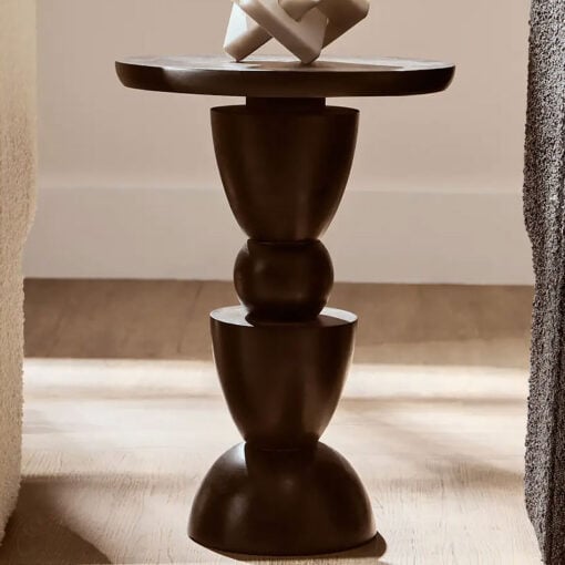 Boho Rustic Black Solid Mango Wood Geometric Column Side Table