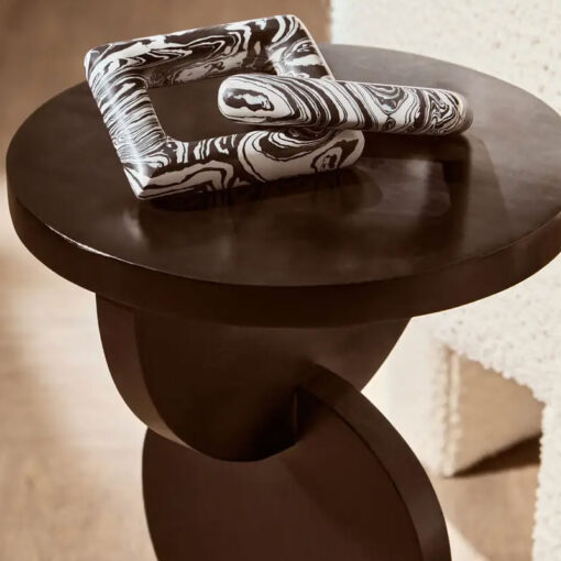 Boho Rustic Black Solid Mango Wood Sculpted Abstract Side Table