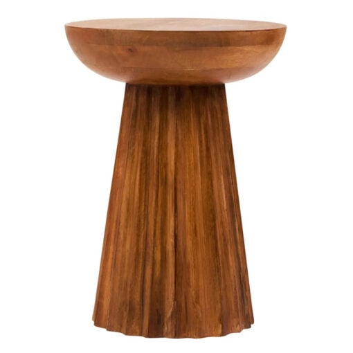 Boho Rustic Brown Solid Mango Wood Carved Ridge Round Side Table