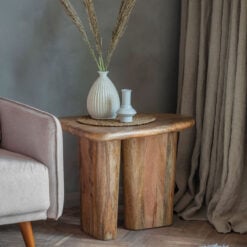 Boho Rustic Chunky Solid Light Mango Wood Sculptural Side Table