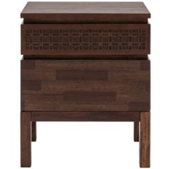 Boho Rustic Dark Brown Mango Wood Carved 2 Drawer Bedside Cabinet