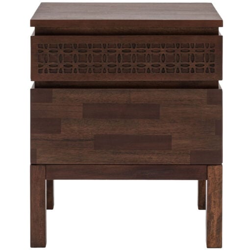 Boho Rustic Dark Brown Mango Wood Carved 2 Drawer Bedside Cabinet