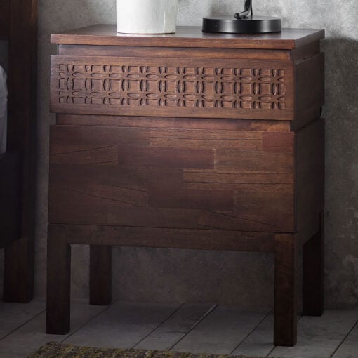 Boho Rustic Dark Brown Mango Wood Carved 2 Drawer Bedside Cabinet