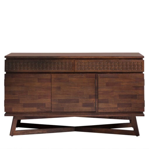 Boho Rustic Dark Brown Mango Wood Carved 3 Door 2 Drawer Sideboard 140cm