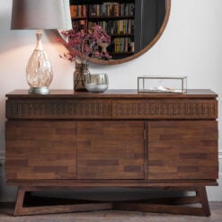 Boho Rustic Dark Brown Mango Wood Carved 3 Door 2 Drawer Sideboard 140cm