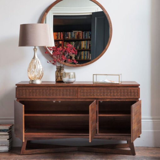 Boho Rustic Dark Brown Mango Wood Carved 3 Door 2 Drawer Sideboard 140cm