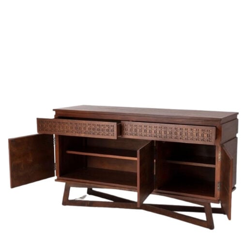 Boho Rustic Dark Brown Mango Wood Carved 3 Door 2 Drawer Sideboard 140cm