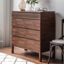 Boho Rustic Dark Brown Mango Wood Carved 4 Drawer Chest Of Drawers