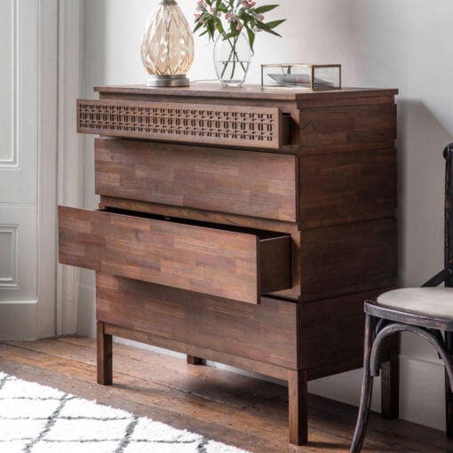 Boho Rustic Dark Brown Mango Wood Carved 4 Drawer Chest Of Drawers