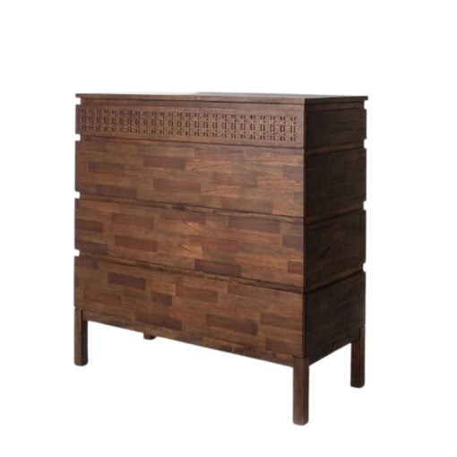 Boho Rustic Dark Brown Mango Wood Carved 4 Drawer Chest Of Drawers