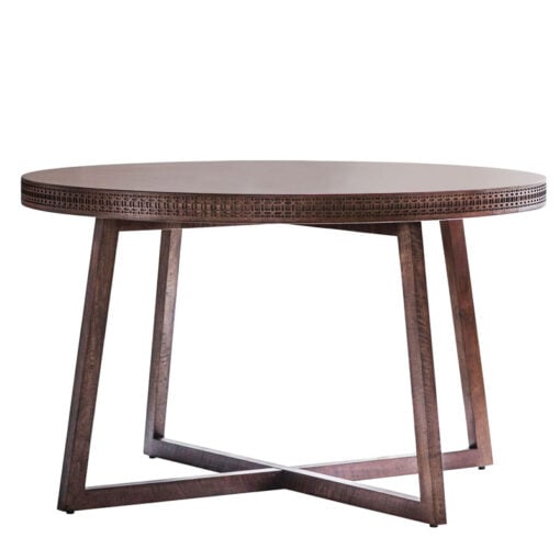 Boho Rustic Dark Brown Mango Wood Carved 4 Seater Round Dining Table 120cm