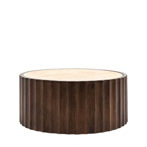 Boho Rustic Dark Brown Mango Wood Carved Round Drum Coffee Table With White Travertine Stone Top 90cm