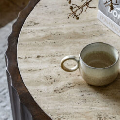 Boho Rustic Dark Brown Mango Wood Carved Round Drum Coffee Table With White Travertine Stone Top 90cm