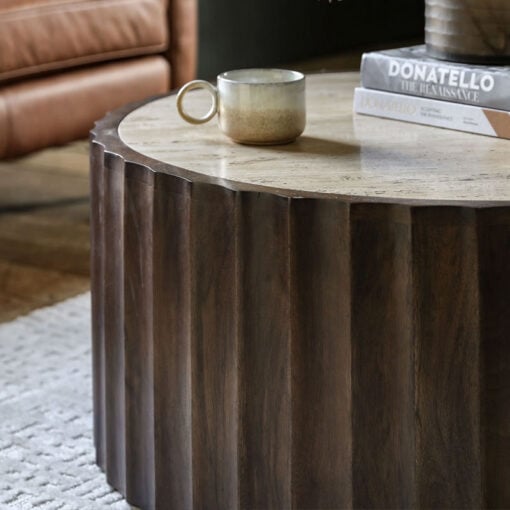 Boho Rustic Dark Brown Mango Wood Carved Round Drum Coffee Table With White Travertine Stone Top 90cm