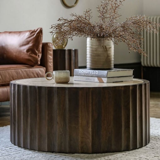 Boho Rustic Dark Brown Mango Wood Carved Round Drum Coffee Table With White Travertine Stone Top 90cm