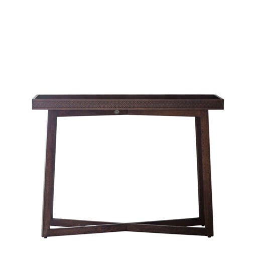 Boho Rustic Dark Brown Mango Wood Carved Tray Console Table 110cm