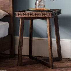 Boho Rustic Dark Brown Mango Wood Carved Tray Side Table