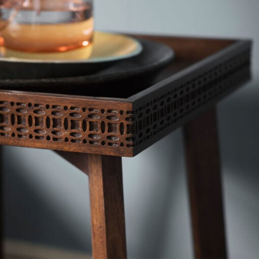 Boho Rustic Dark Brown Mango Wood Carved Tray Side Table