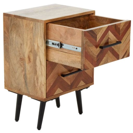 Boho Rustic Mango Wood 2 Drawer Bedside Cabinet With Black Metal Legs