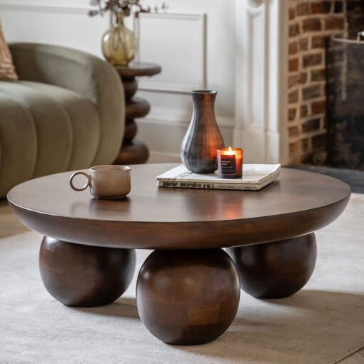 Boho Rustic Retro Solid Dark Mango Wood Round Coffee Table 90cm