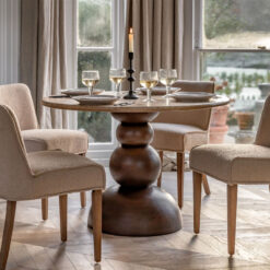 Boho Rustic Retro Solid Dark Mango Wood Sculptural 4 Seater Dining Table With White Travertine Stone Top 110cm