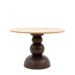 Boho Rustic Retro Solid Dark Mango Wood Sculptural 4 Seater Dining Table With White Travertine Stone Top 110cm