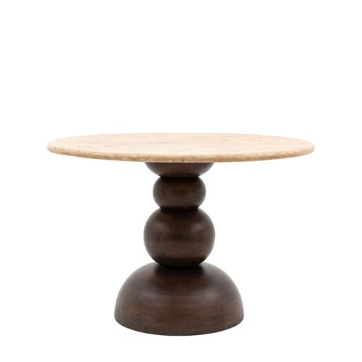 Boho Rustic Retro Solid Dark Mango Wood Sculptural 4 Seater Dining Table With White Travertine Stone Top 110cm