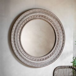 Boho Rustic Solid Carved White Washed Mango Wood Large Wall Mirror 90cm