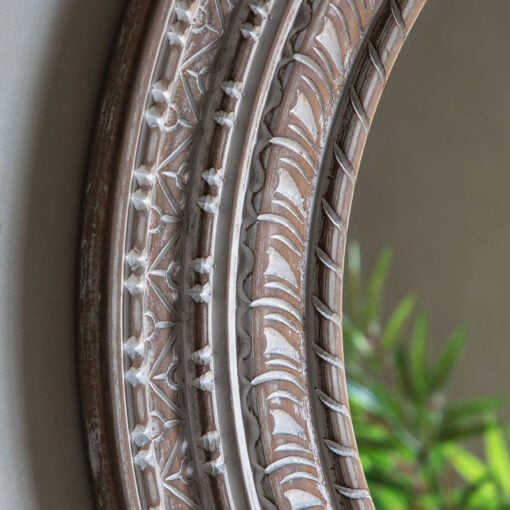 Boho Rustic Solid Carved White Washed Mango Wood Large Wall Mirror 90cm