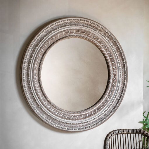 Boho Rustic Solid Carved White Washed Mango Wood Large Wall Mirror 90cm