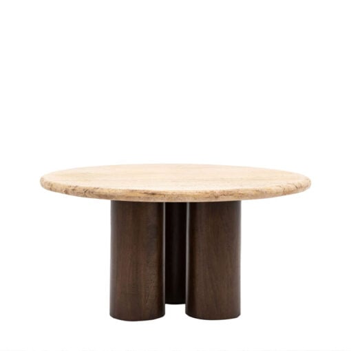 Boho Rustic Solid Dark Mango Wood Cylindrical Legs Coffee Table With Travertine Stone Top 75cm