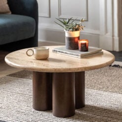 Boho Rustic Solid Dark Mango Wood Cylindrical Legs Coffee Table With Travertine Stone Top 75cm