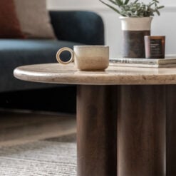 Boho Rustic Solid Dark Mango Wood Cylindrical Legs Coffee Table With Travertine Stone Top 75cm