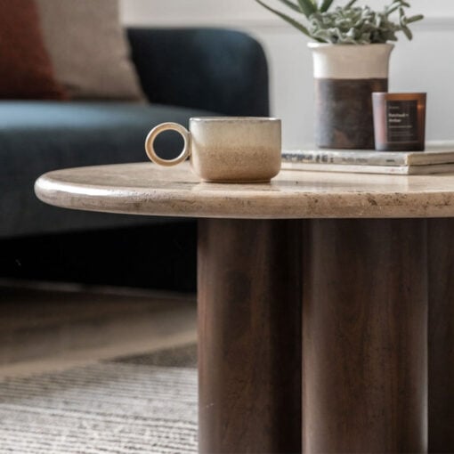 Boho Rustic Solid Dark Mango Wood Cylindrical Legs Coffee Table With Travertine Stone Top 75cm
