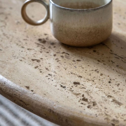 Boho Rustic Solid Dark Mango Wood Cylindrical Legs Coffee Table With Travertine Stone Top 75cm