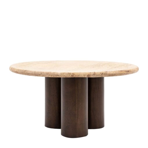 Boho Rustic Solid Dark Mango Wood Cylindrical Legs Coffee Table With Travertine Stone Top 75cm