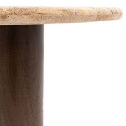 Boho Rustic Solid Dark Mango Wood Cylindrical Legs Coffee Table With Travertine Stone Top 75cm