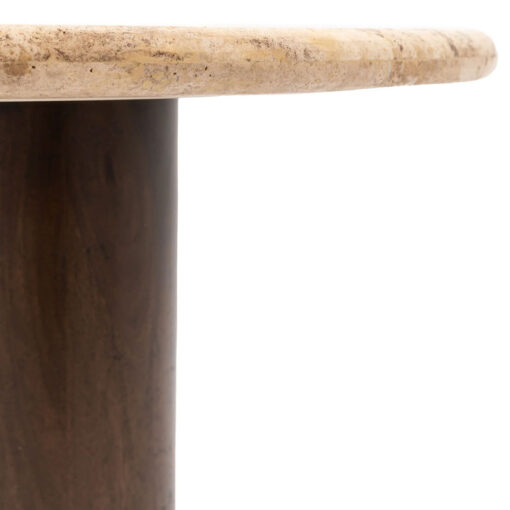 Boho Rustic Solid Dark Mango Wood Cylindrical Legs Coffee Table With Travertine Stone Top 75cm