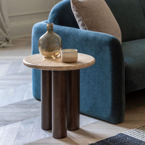 Boho Rustic Solid Dark Mango Wood Cylindrical Legs Side Table With Travertine Stone Top