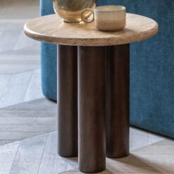 Boho Rustic Solid Dark Mango Wood Cylindrical Legs Side Table With Travertine Stone Top