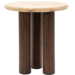 Boho Rustic Solid Dark Mango Wood Cylindrical Legs Side Table With Travertine Stone Top