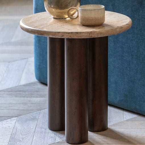 Boho Rustic Solid Dark Mango Wood Cylindrical Legs Side Table With Travertine Stone Top