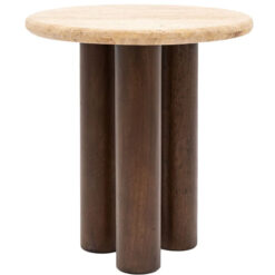 Boho Rustic Solid Dark Mango Wood Cylindrical Legs Side Table With Travertine Stone Top