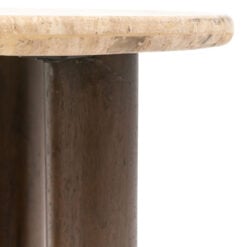 Boho Rustic Solid Dark Mango Wood Cylindrical Legs Side Table With Travertine Stone Top