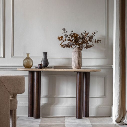 Boho Rustic Solid Dark Mango Wood Cylindrical Legs Slim Console Table With Travertine Stone Top 129cm