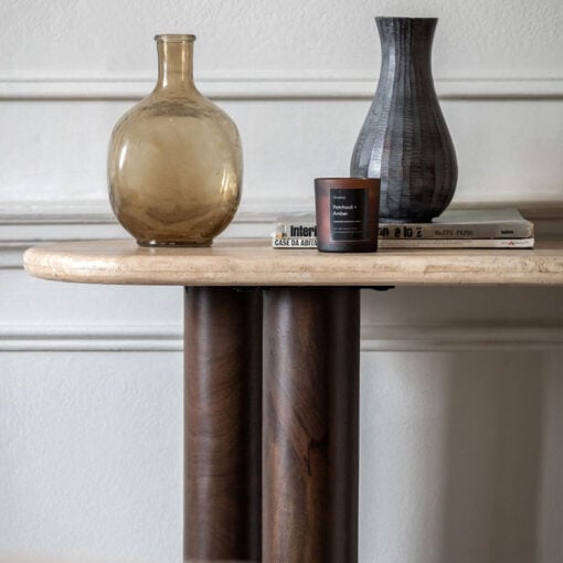 Boho Rustic Solid Dark Mango Wood Cylindrical Legs Slim Console Table With Travertine Stone Top 129cm