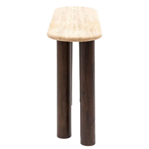 Boho Rustic Solid Dark Mango Wood Cylindrical Legs Slim Console Table With Travertine Stone Top 129cm